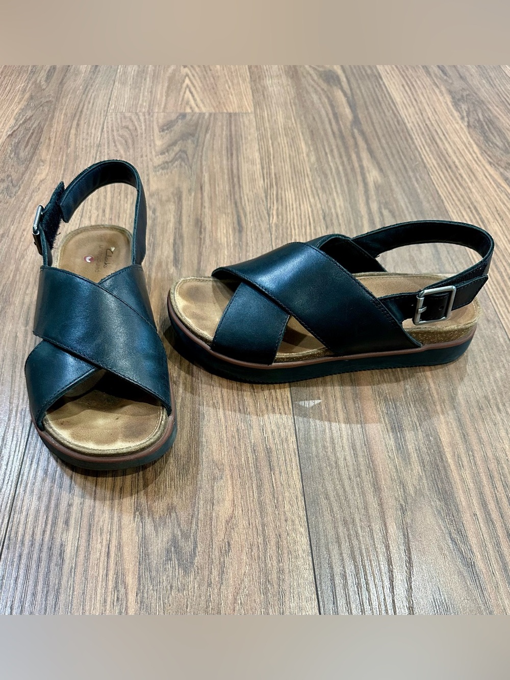 Clarks Black Cross-Strap Cork Footbed Sandals